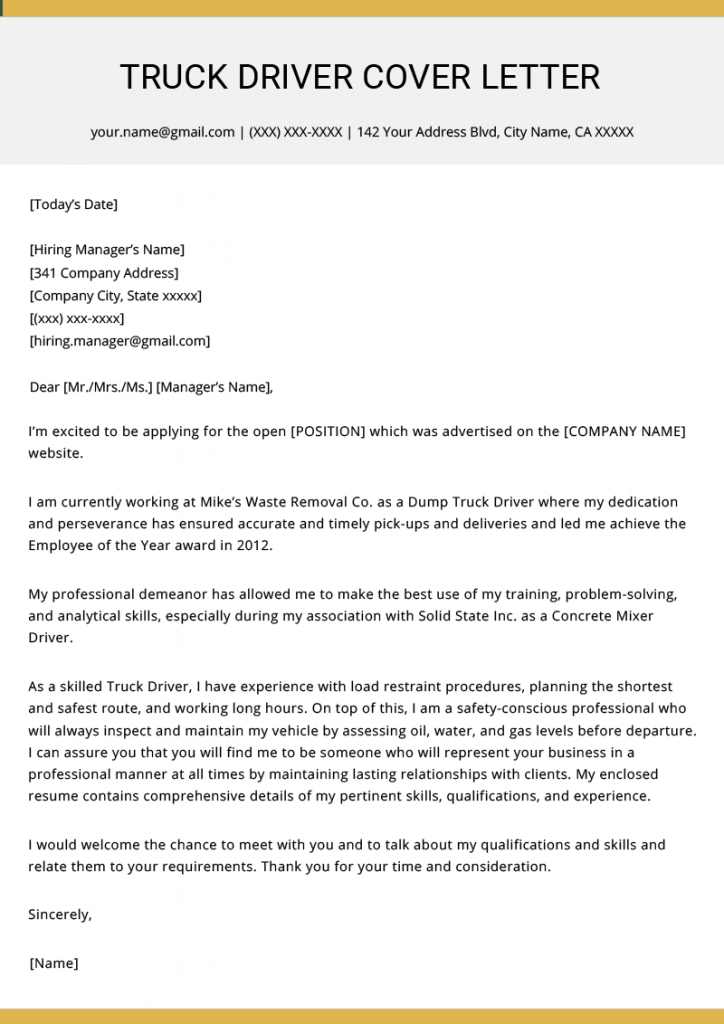 sample cover letter for truck driver with experience