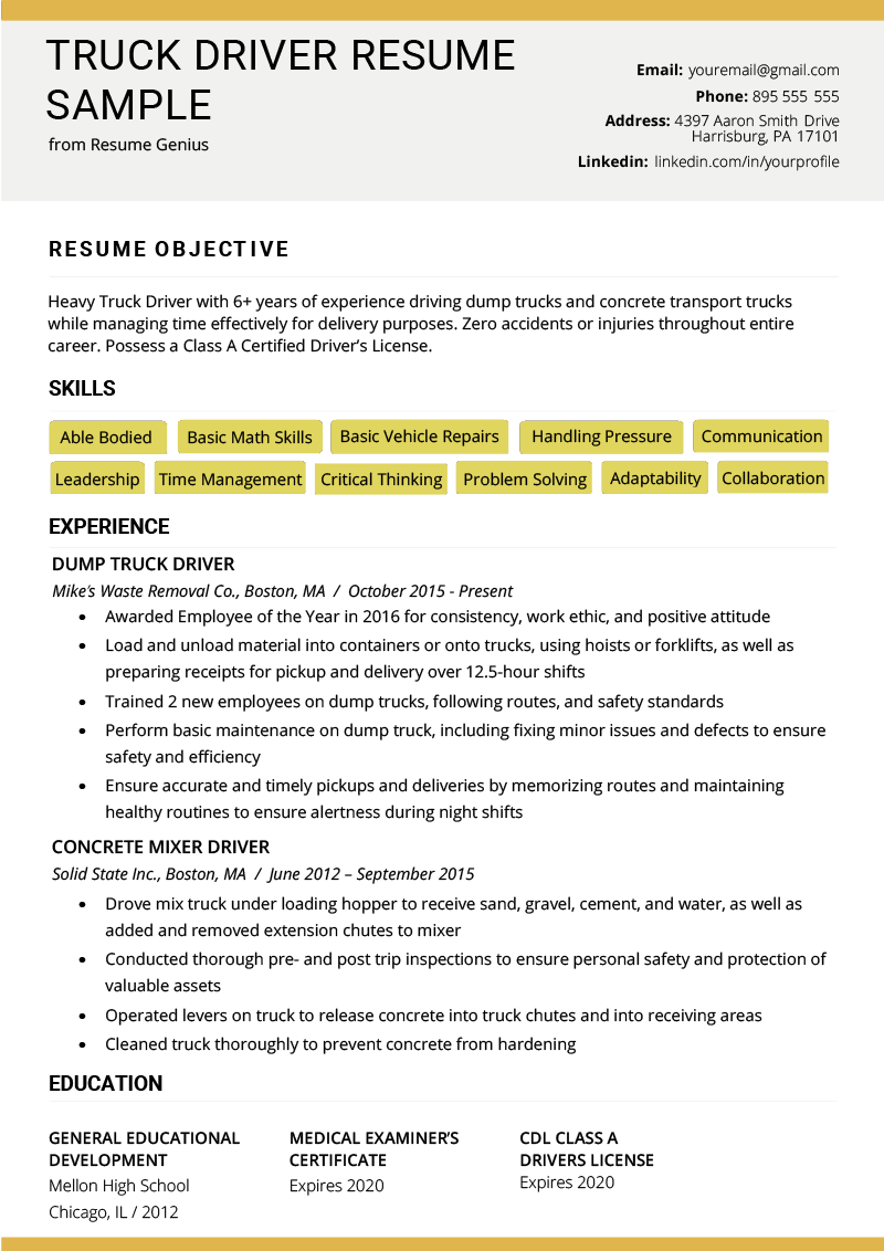 Truck Driver Resume Example .Docx (Word)
