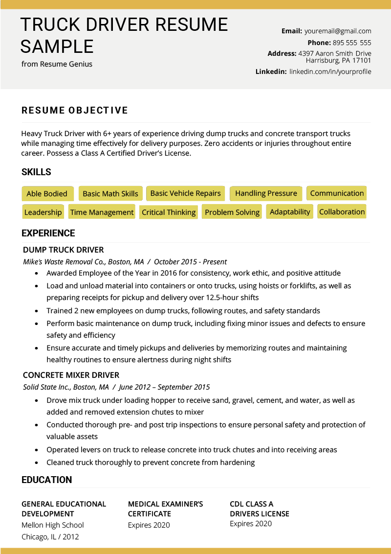 Download Free Truck Driver Resume Example .Docx (Word) Template on