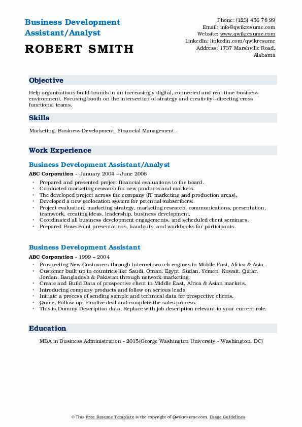 Business Development Assistant/Analyst Resume .Docx (Word)