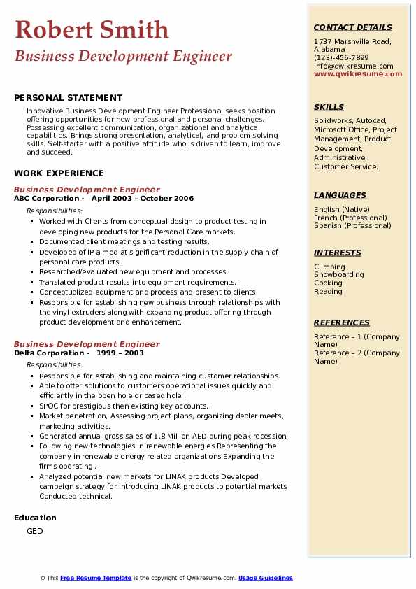 Business Development Engineer Resume .Docx (Word)
