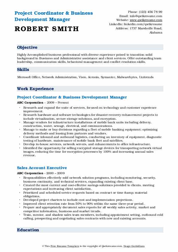 Download Free Project Coordinator Business Development Manager Resume 