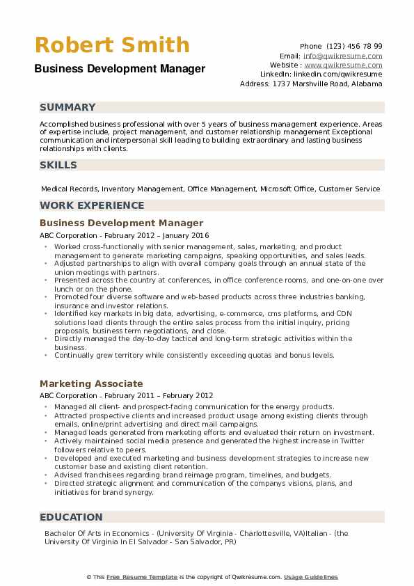 business development manager resume headline