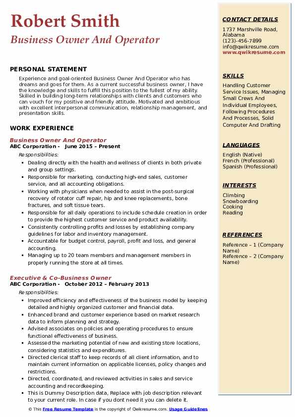 Download Free Business Owner And Operator Resume Docx Word Template 