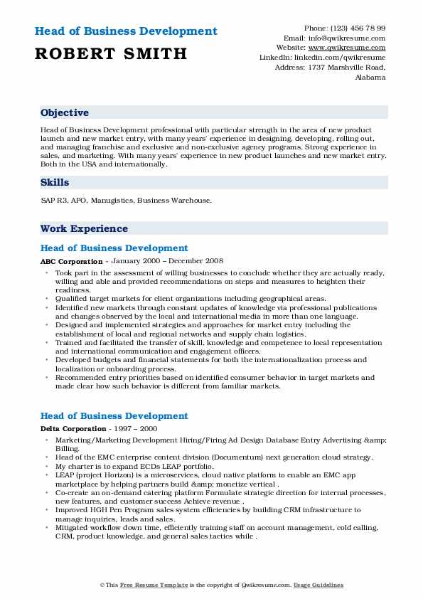 Head of Business Development Resume .Docx (Word)