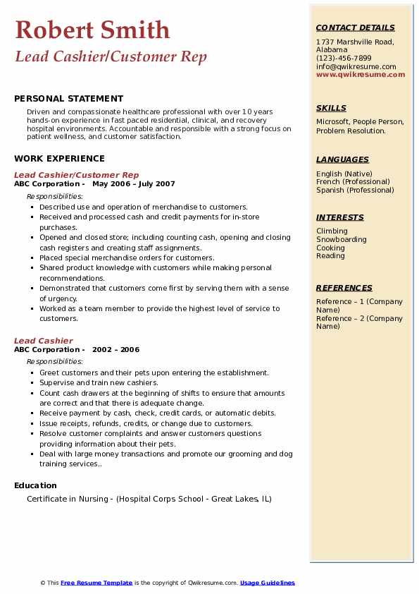 Lead Cashier/Customer Rep Resume .Docx (Word)