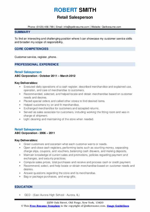 Retail Salesperson Resume .Docx (Word)