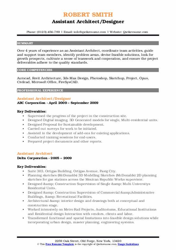 Assistant Architect Designer Resume .Docx (Word)