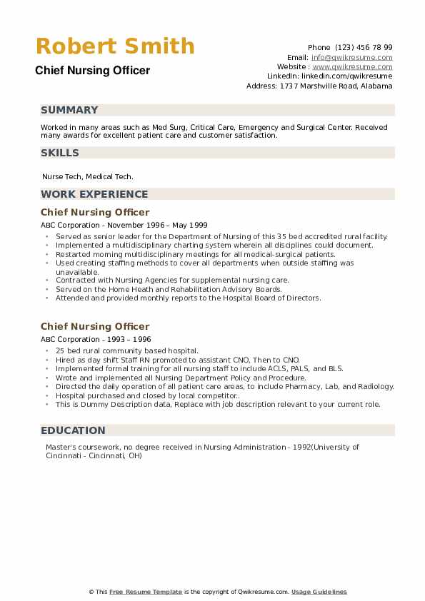 Download Free Chief Nursing Officer Resume Docx Word Template On 