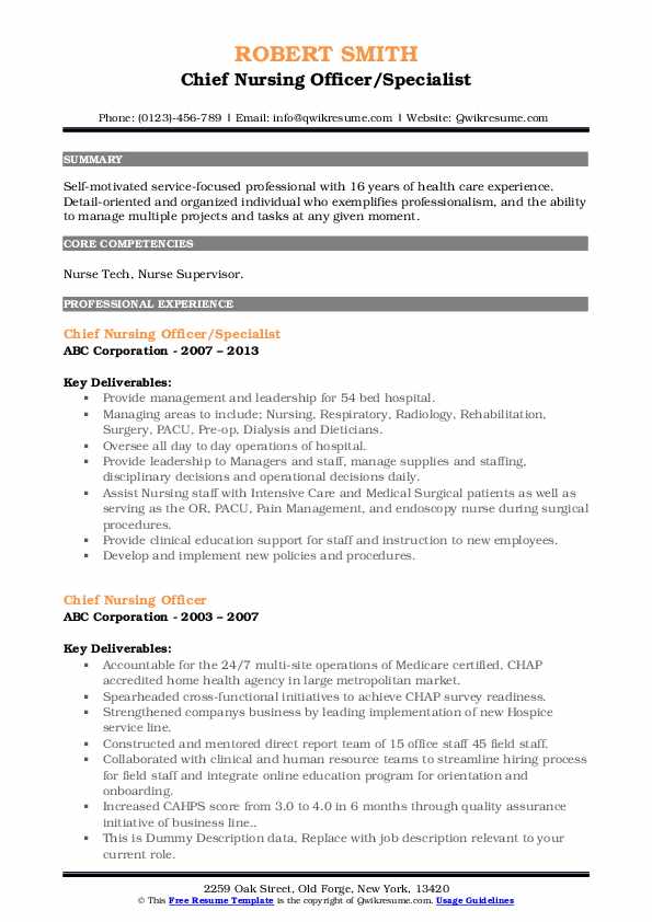Chief Nursing Officer Specialist Resume .Docx (Word)