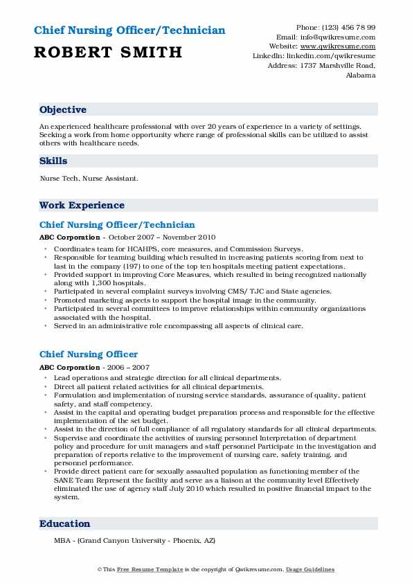 Chief Nursing Officer Technician Resume .Docx (Word)