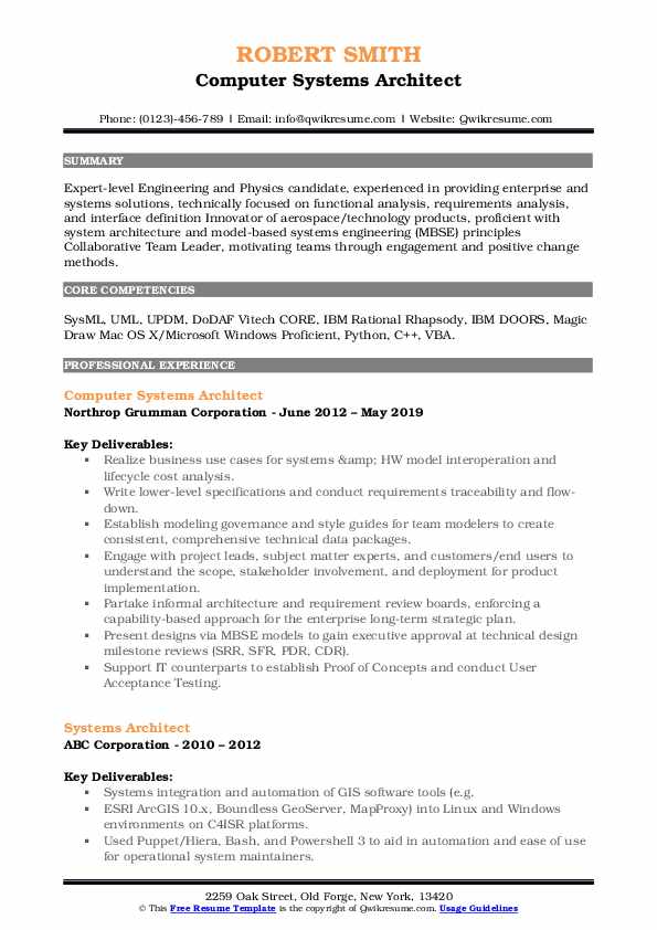 Computer Systems Architect Resume .Docx (Word)