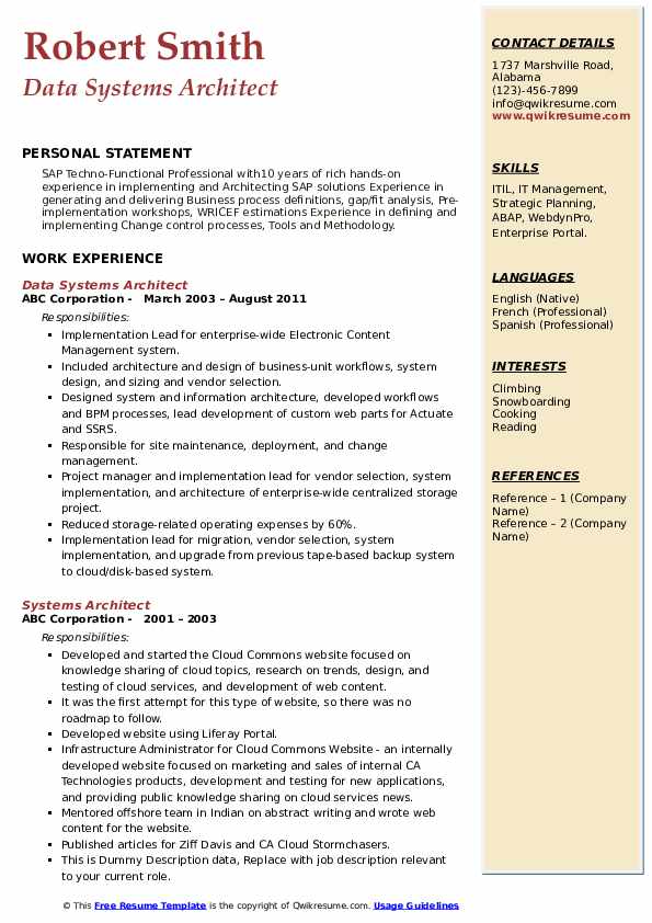 Data Systems Architect Resume .Docx (Word)