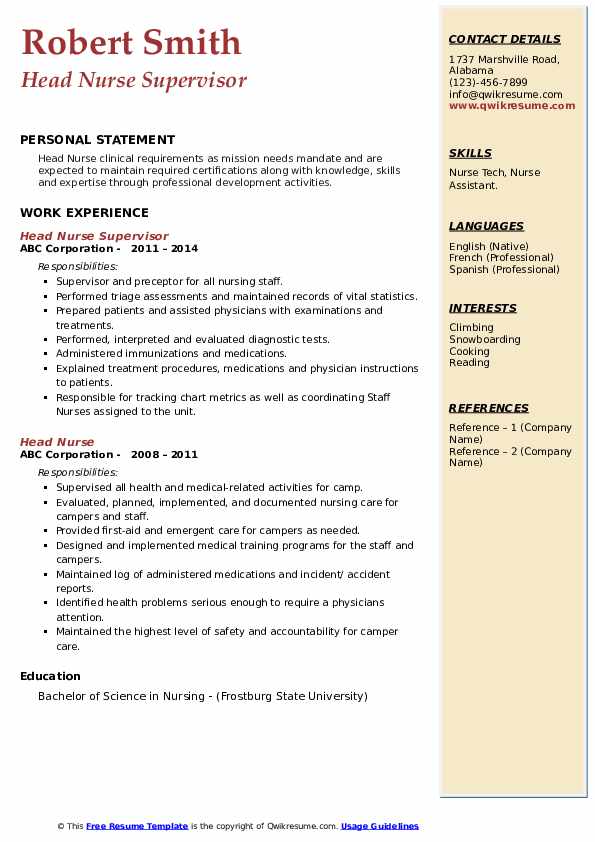 sample resume for head nurse