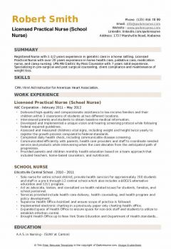 Licensed Practical Nurse (School Nurse) Resume .Docx (Word)