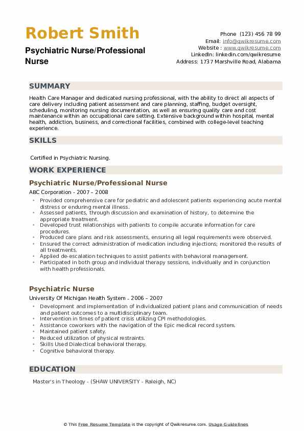 Psychiatric Nurse Professional Nurse Resume .Docx (Word)