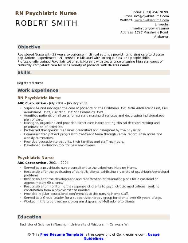 Download Free RN Psychiatric Nurse Resume .Docx (Word) Template on