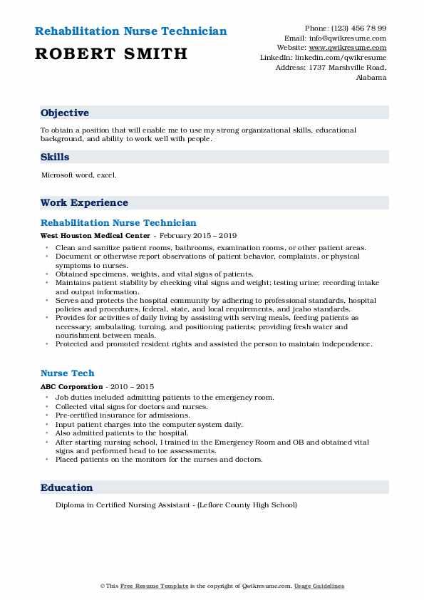 Rehabilitation Nurse Technician Resume .Docx (Word)
