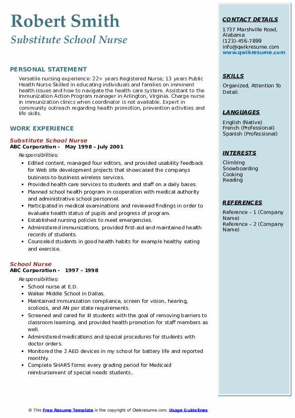 Substitute School Nurse Resume .Docx (Word)