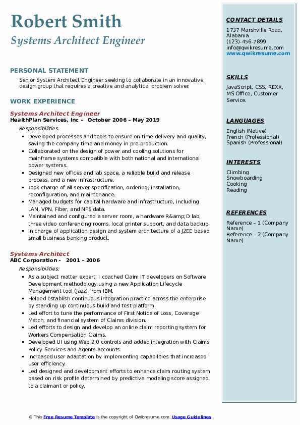Systems Architect Engineer Resume .Docx (Word)