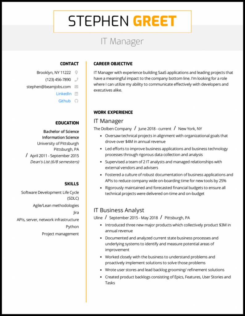 IT Manager Resume Example .Docx (Word)