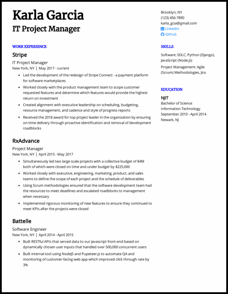 it project manager resume sample doc