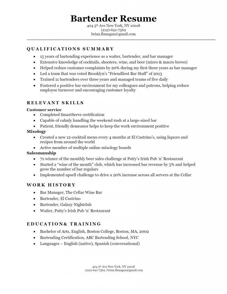 Bartender Resume .Docx (Word)