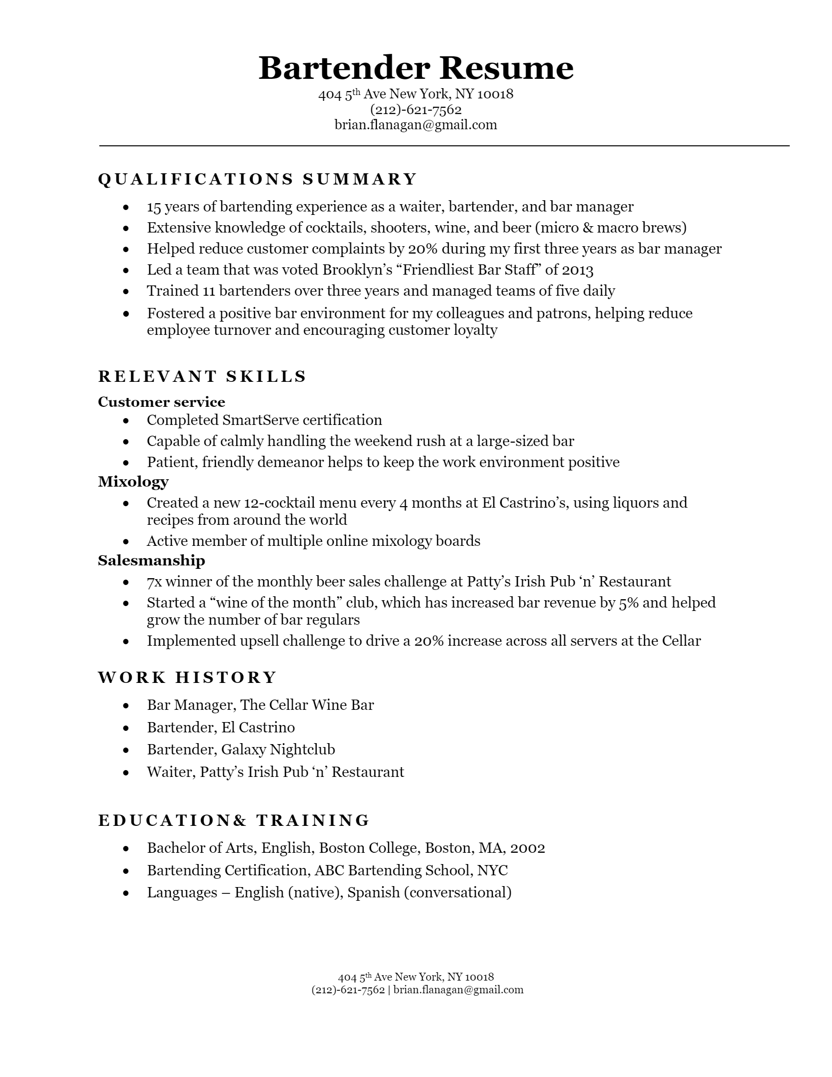 Download Free Bartender Resume .Docx (Word) Template on