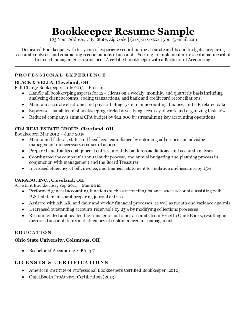 Bookkeeper Resume .Docx (Word)