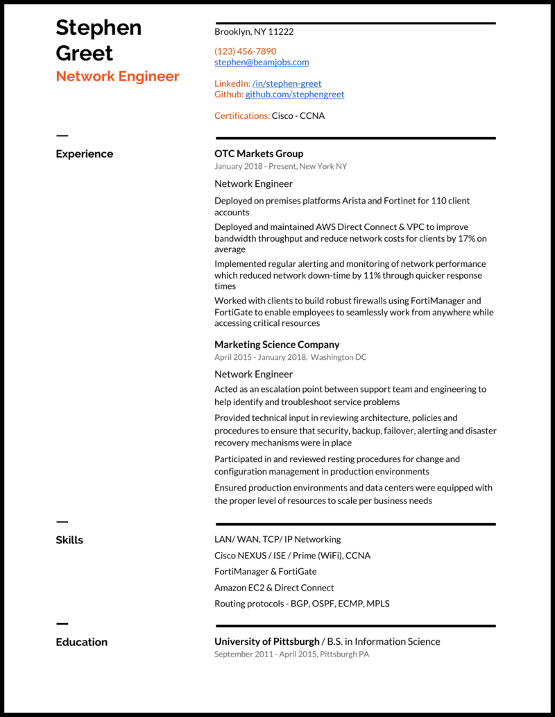 resume sample for network support engineer