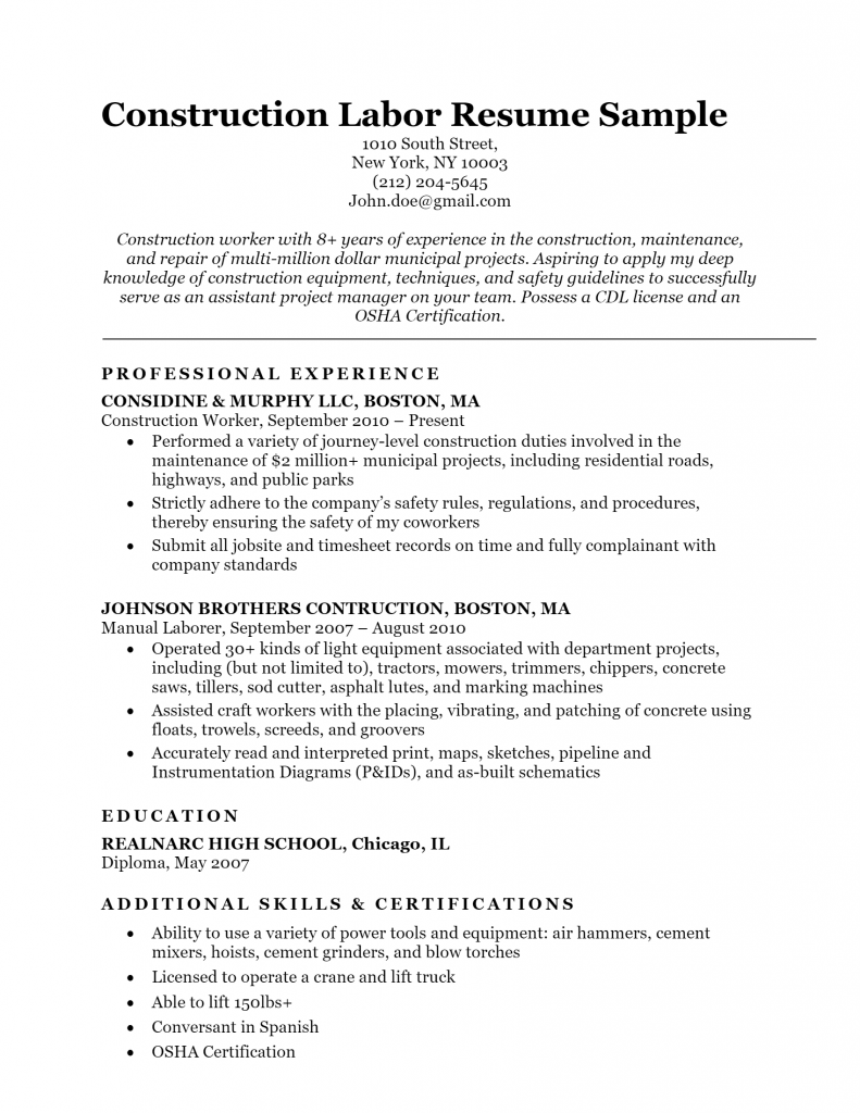 Construction Worker Resume .Docx (Word)