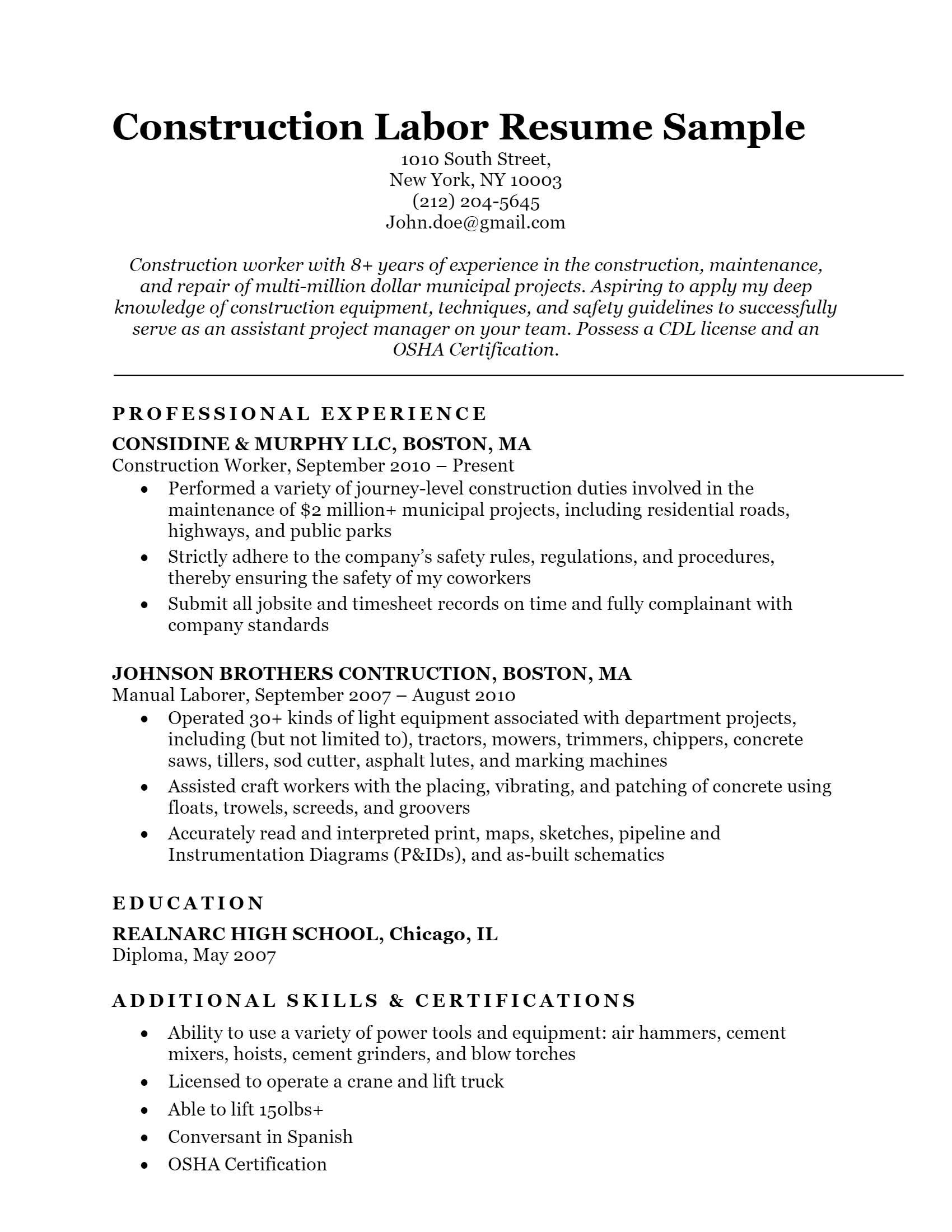 Download Free Construction Worker Resume .Docx (Word) Template on
