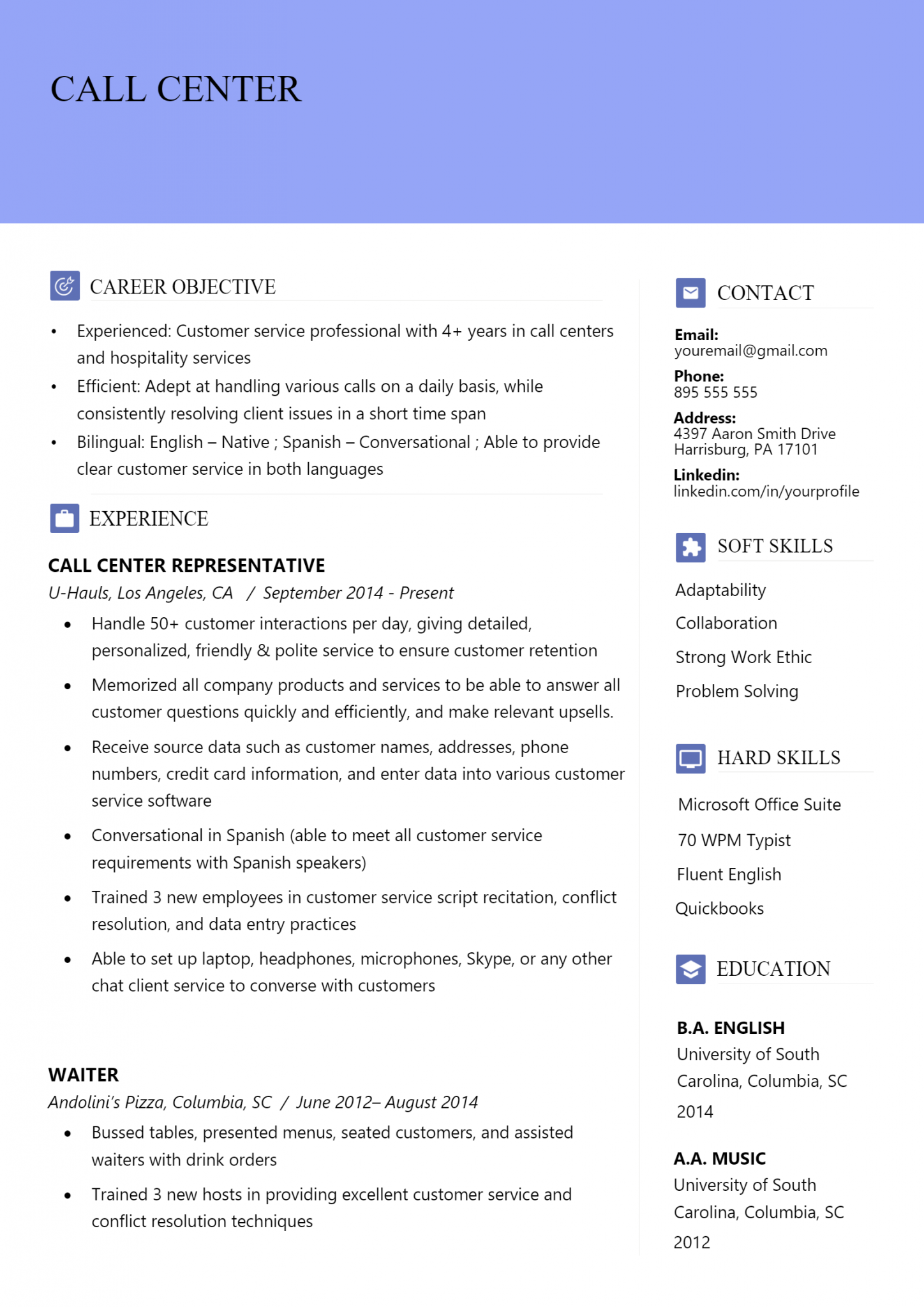 Download Free Call Center Agent Resume .Docx (Word) Template on ...