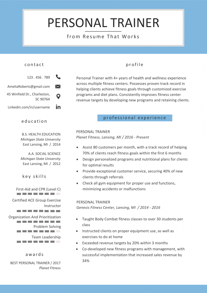 Personal Trainer Resume .Docx (Word)