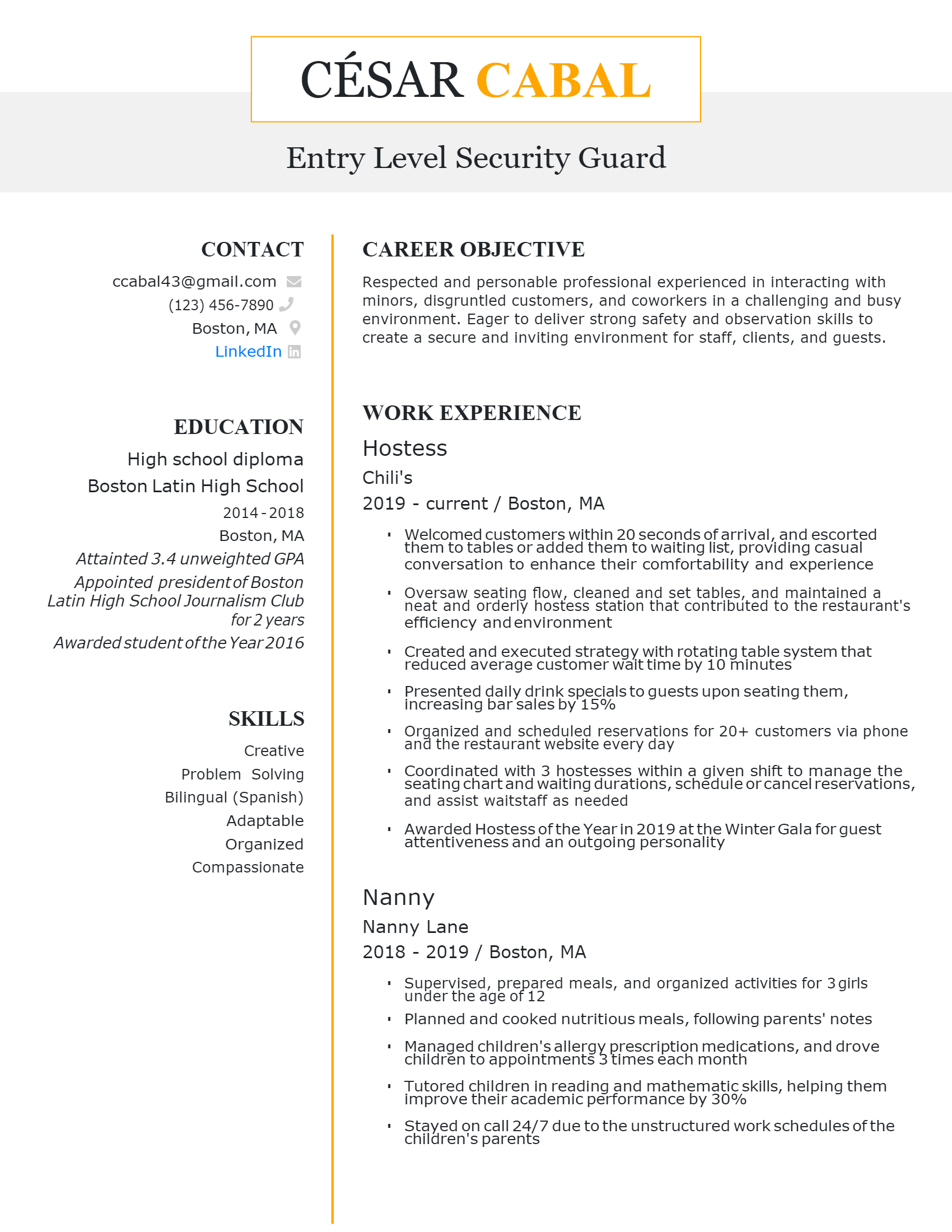 Entry-level Security Guard Resume .Docx (Word)