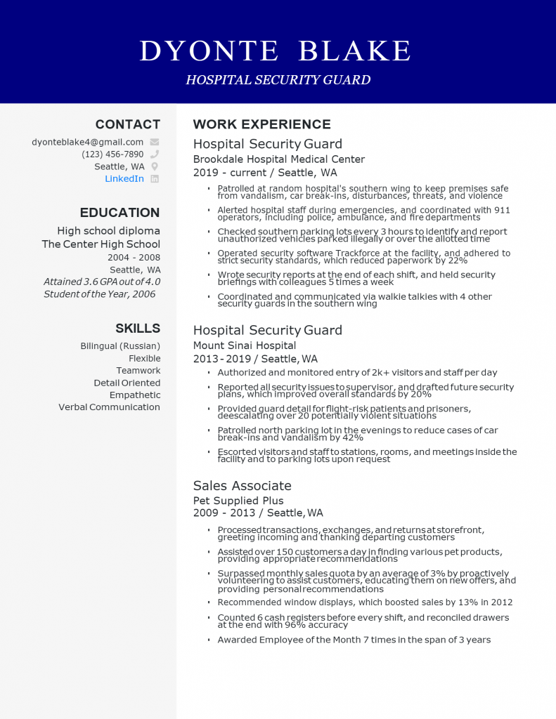 Hospital Security Guard Resume .Docx (Word)