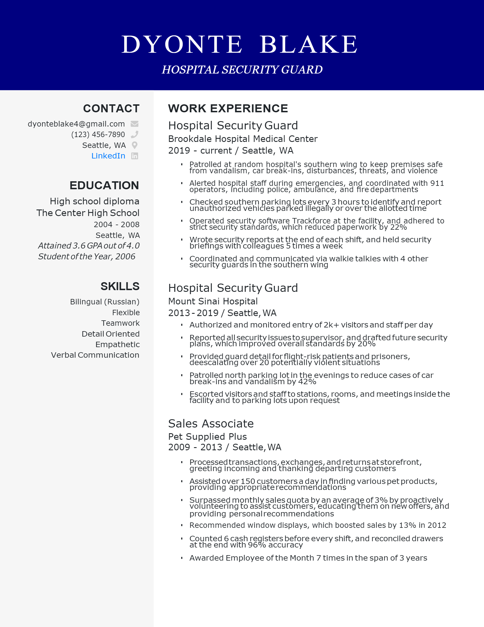 Download Free Hospital Security Guard Resume .Docx (Word) Template on