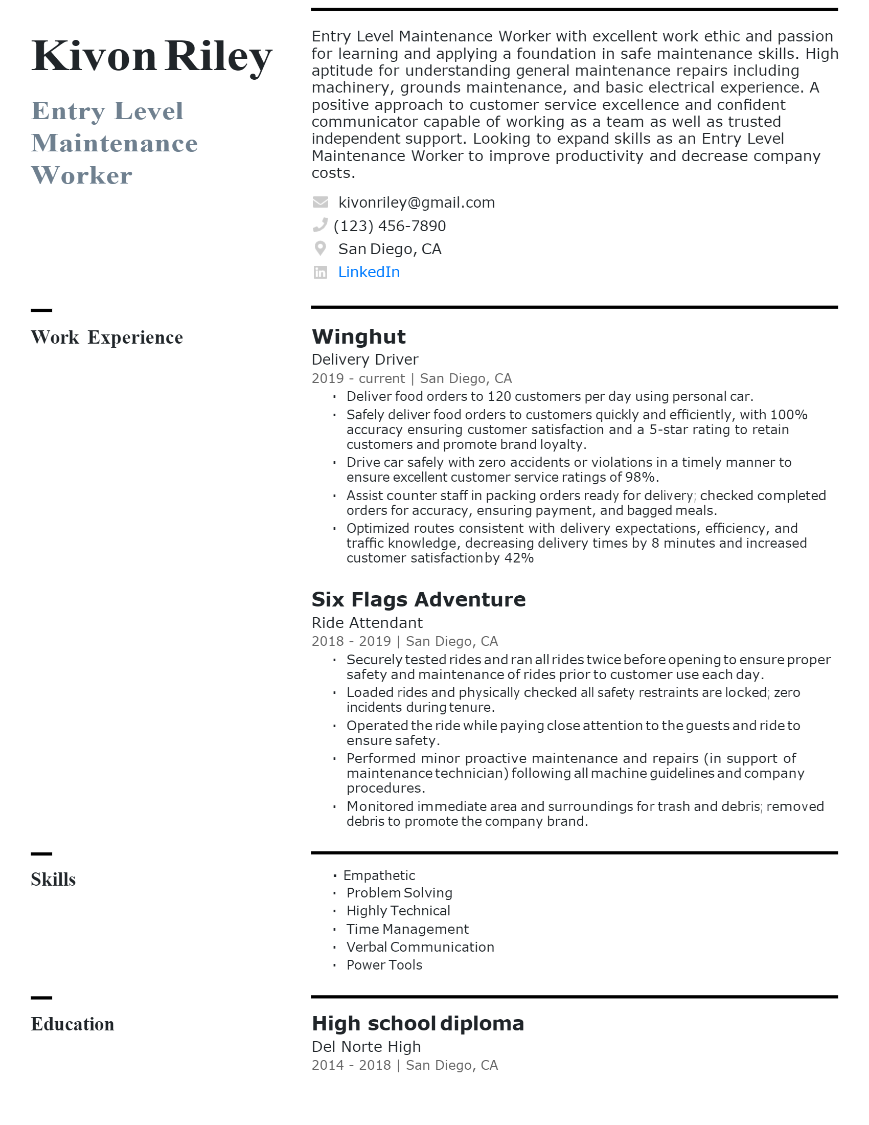 Entry-level Maintenance Resume .Docx (Word)