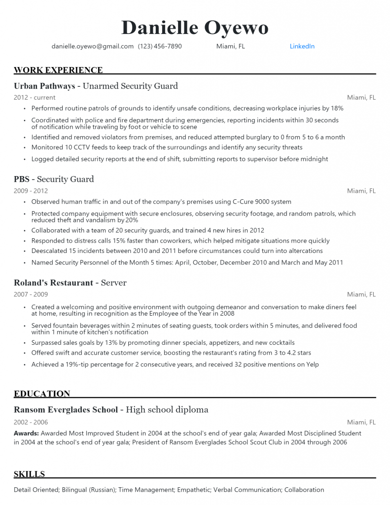 Unarmed Security Guard Resume .Docx (Word)