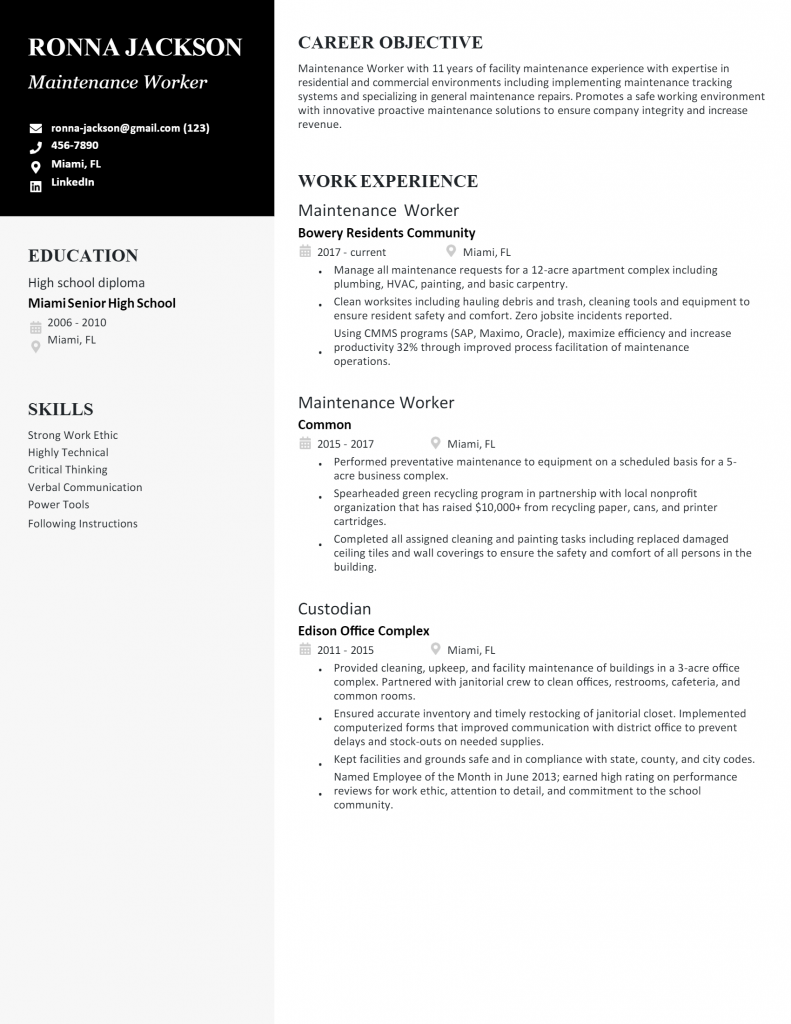 Maintenance Worker Resume .Docx (Word)