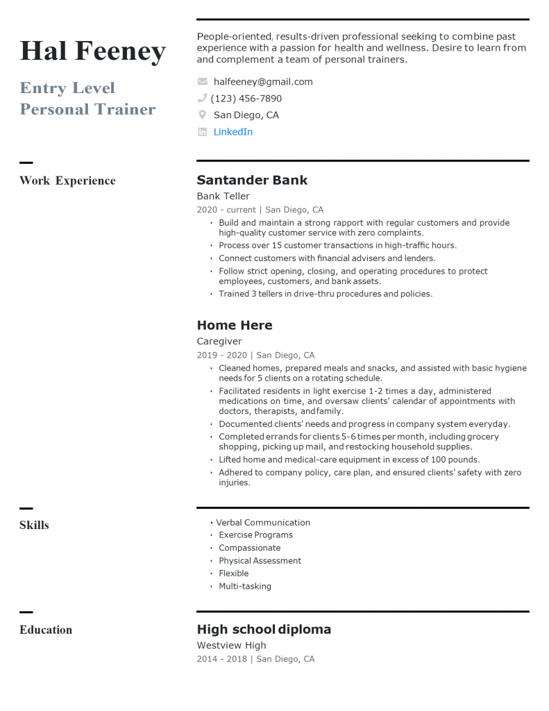 Entry-level Personal Trainer Resume .Docx (Word)