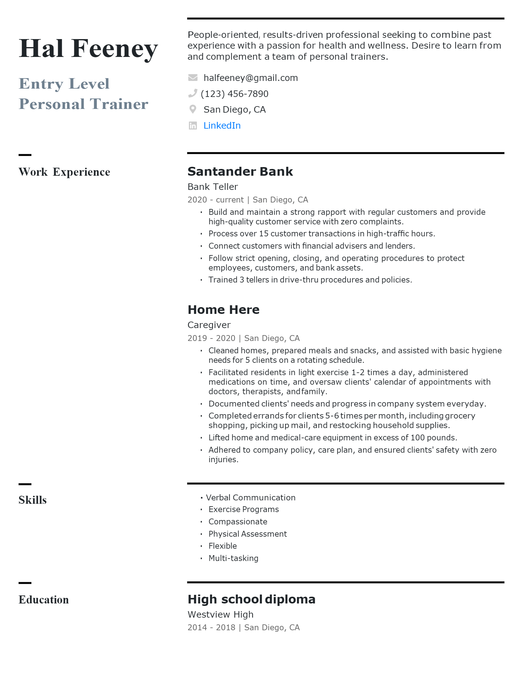 Download Free Entry level Personal Trainer Resume Docx (Word) Template