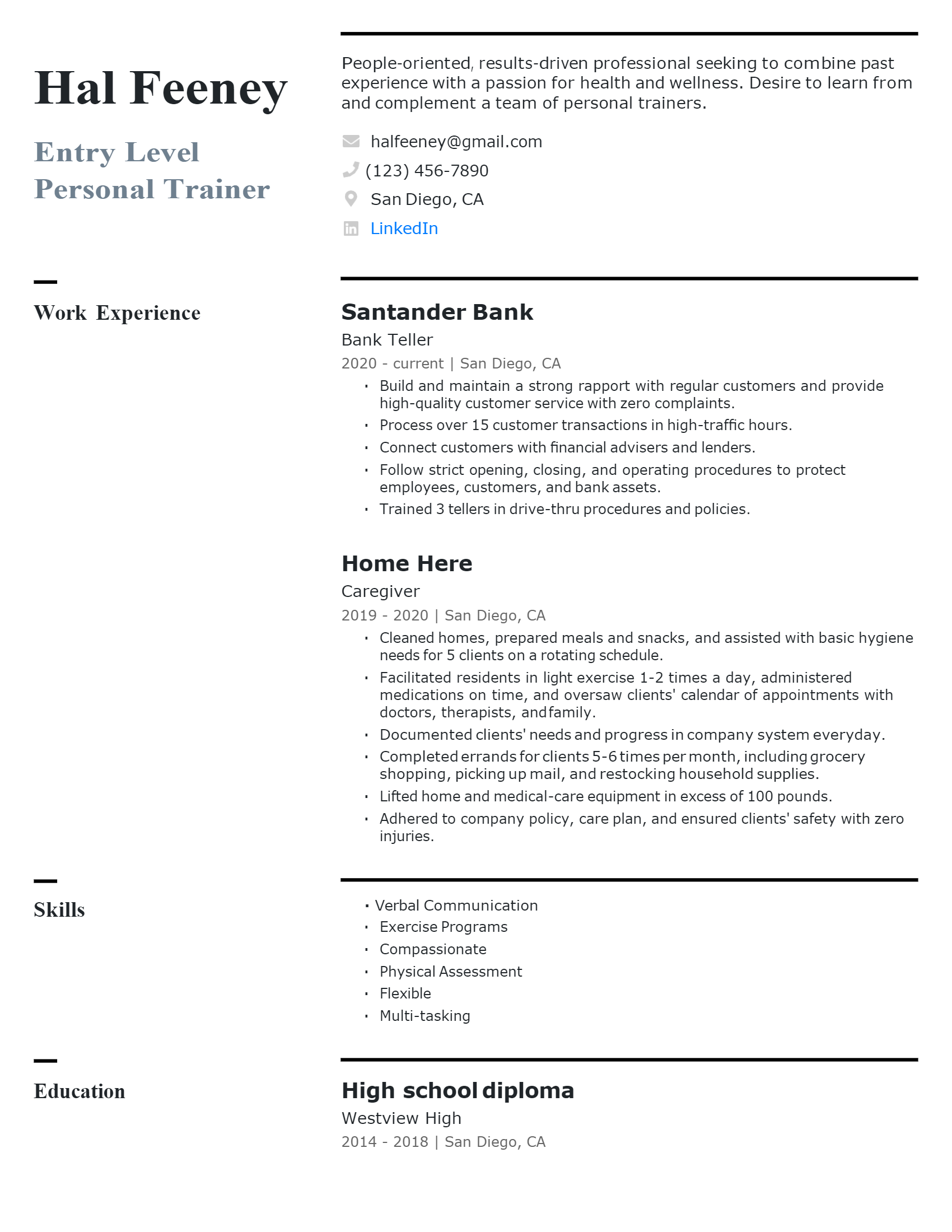 Download Free Entry level Personal Trainer Resume Docx Word Template 