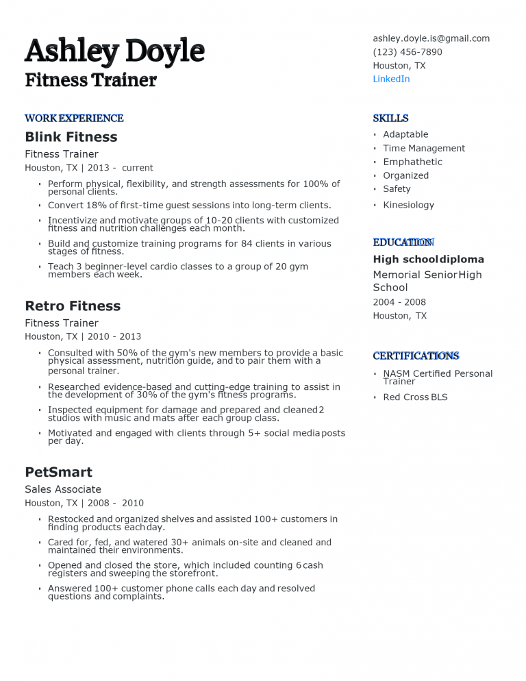 Download Free Fitness Trainer Resume .Docx (Word) Template on