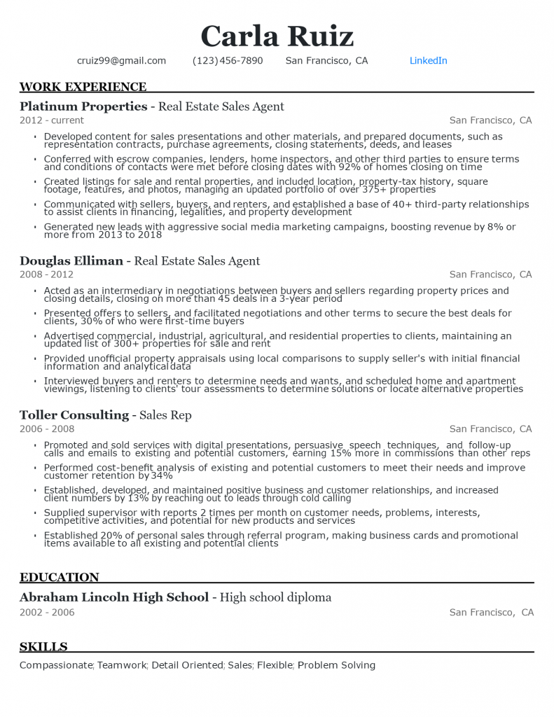 Real Estate Sales Agent Resume .Docx (Word)