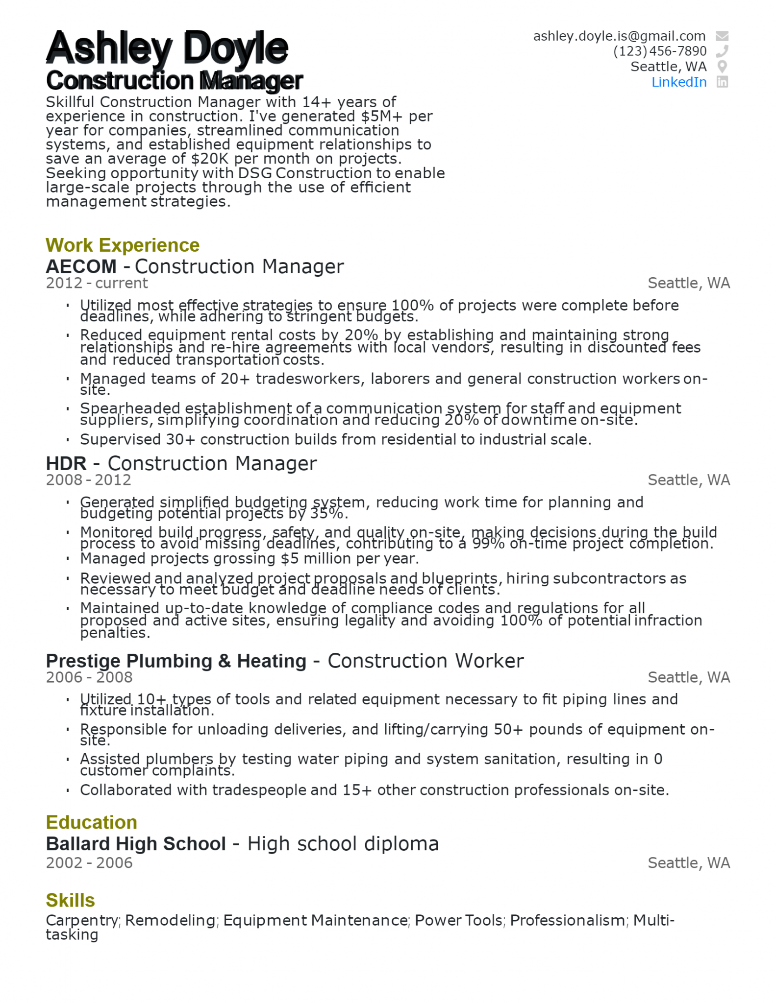 Download Free Construction Manager Resume Docx Word Template On 