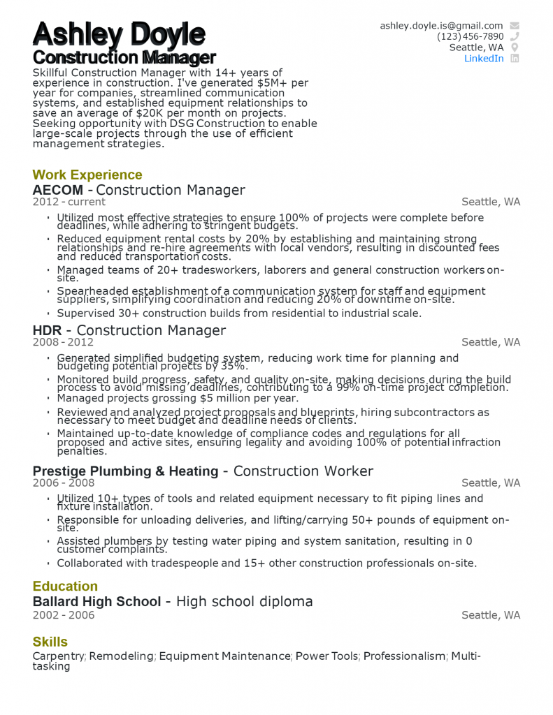 Construction Manager Resume .Docx (Word)