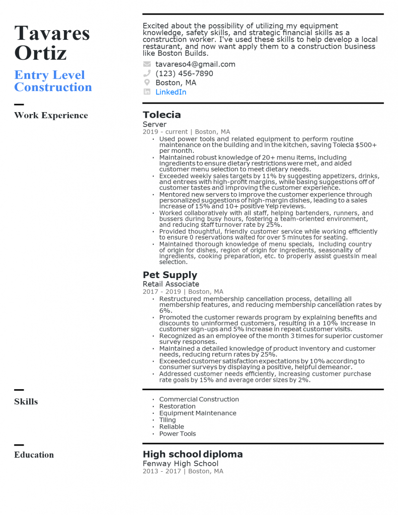 entry level construction resume examples