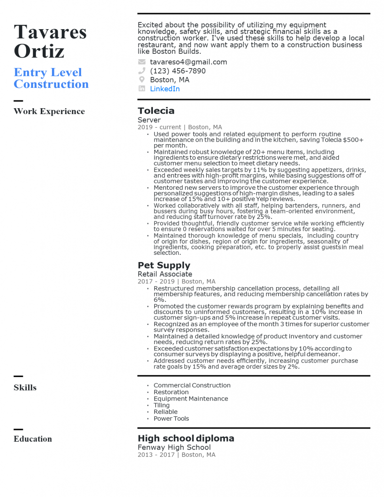 Download Free Entry Level Construction Worker Resume Docx Word 