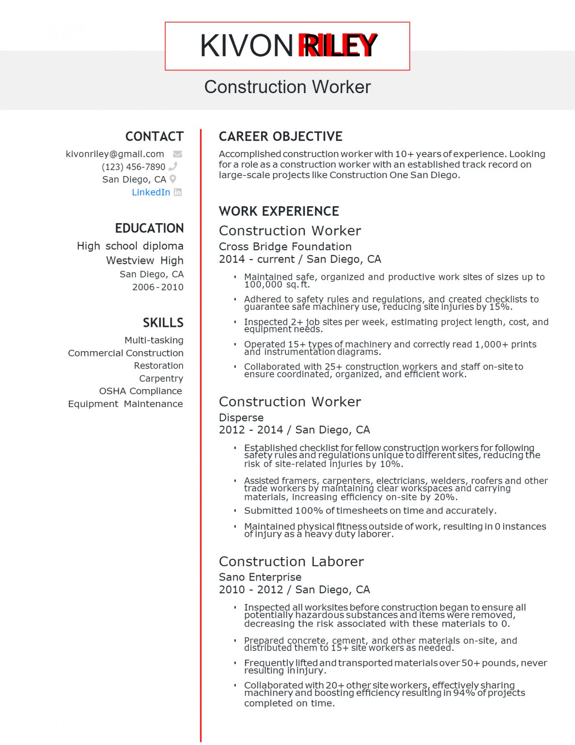 Download Free Construction Worker Resume .Docx (Word) Template on